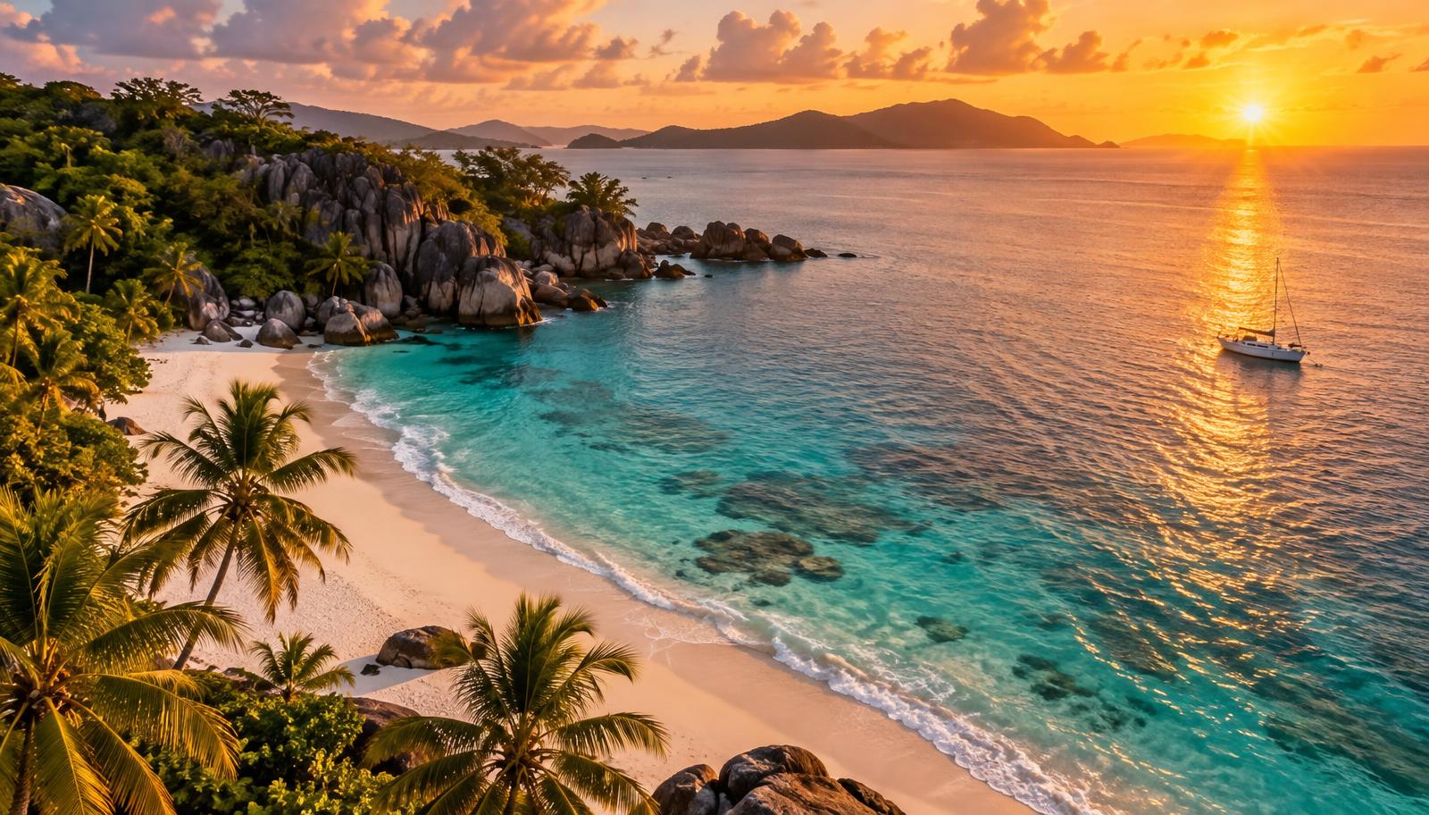 Tropical beach destination at golden hour